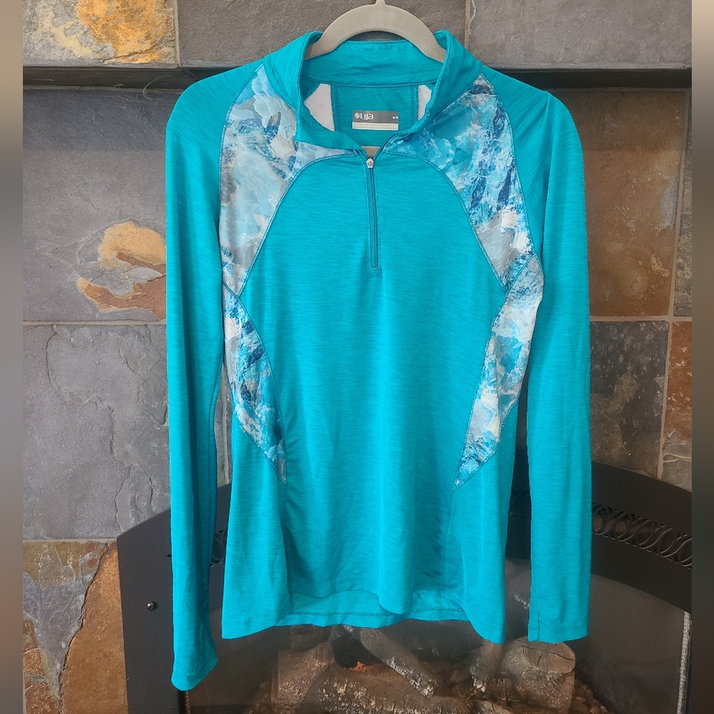 Lija Heathered Blue Quarter Zip Stretchy Athletic Running Top size Medium